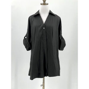 CO Collections Black Woven Cotton Collared Roll Tab Sleeve Oversized Top Sz S